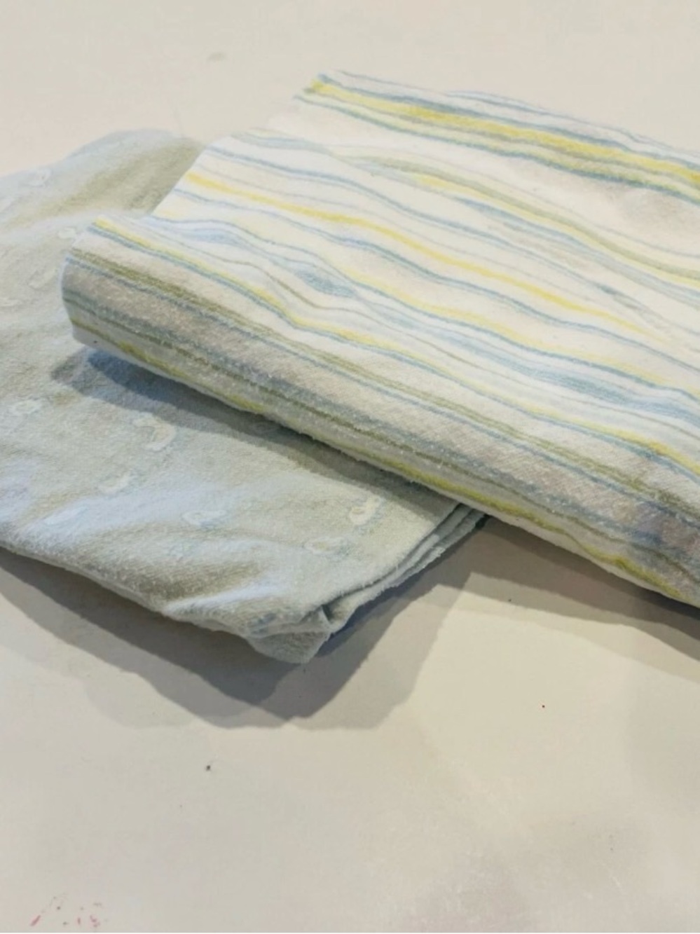 AMY COE Blue & Green Cotton Flannel RECEIVING BABY BLANKETS 33" x 34" - LOT OF 2